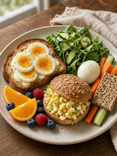 A welcoming plated meal featuring how to medium boil eggs with buttered toast, salad, fruit, and an egg sandwich