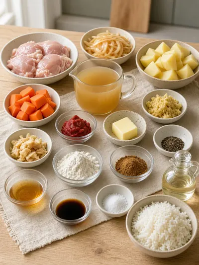 Ingredient arrangement for japanese curry with chicken, root vegetables, aromatics, seasonings, broth, and cooked rice on a kitchen table