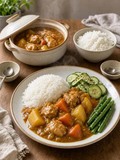 Plated japanese curry with rice, cucumber salad, and green beans arranged for a shared meal.