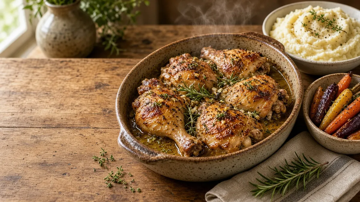 Juicy chicken breast in oven with garlic herbs, mashed potatoes, and roasted carrots