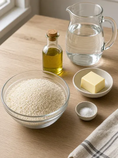 Ingredients arranged for how to make rice on a kitchen table