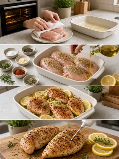 Four-step chicken breast in oven collage showing seasoning, lemon preparation, baking, temperature checking, and resting.