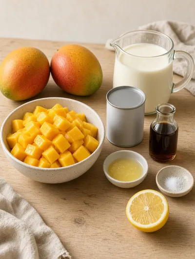 Ingredients arranged on a kitchen table for mango ice cream, including diced mango, lemon juice, condensed milk, whipping cream, vanilla, and salt