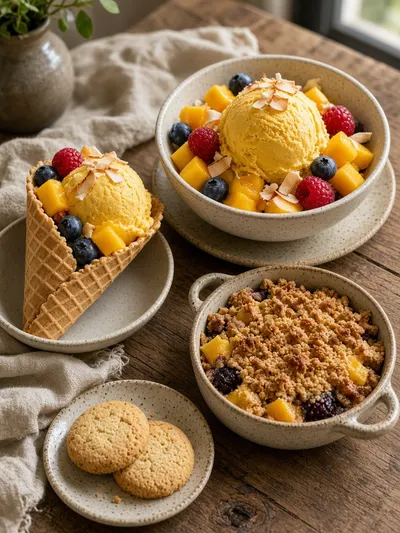 Mango ice cream served in a chilled bowl and waffle cone with mango cubes, coconut, berries, fruit crisp, and cookies