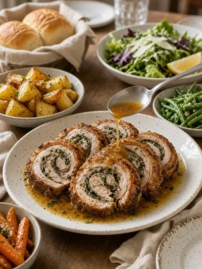 Porchetta slices served with roasted vegetables, lemon salad, dinner rolls, and savory juices at a family table