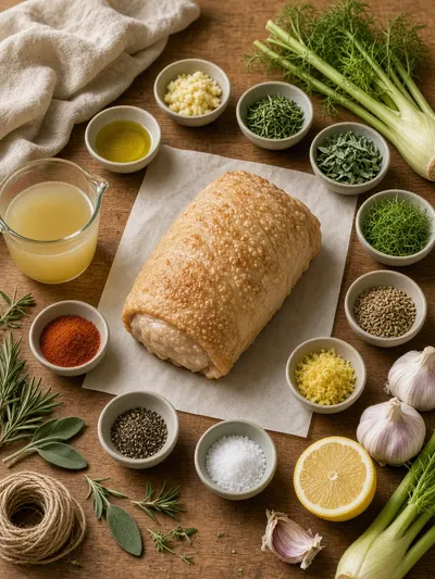 Porchetta ingredients arranged on a rustic kitchen table with turkey roast, fresh herbs, garlic, fennel, spices, broth, lemon, and twine.