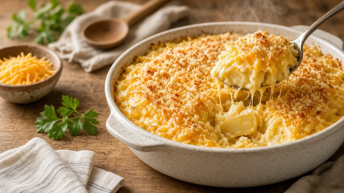 Potato recipes featuring Grandma's creamy potato casserole with cheddar sauce and a golden breadcrumb topping