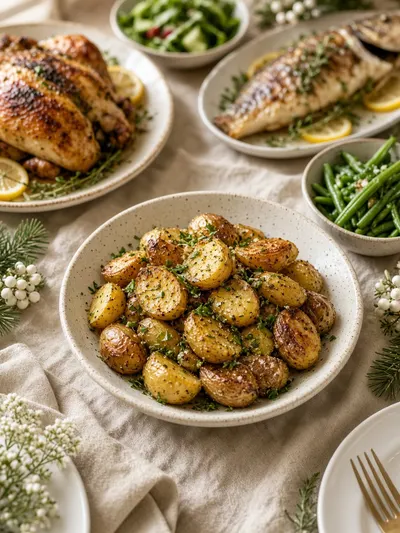 Warmly plated potato recipes served with chicken, fish, salad, green beans, and parsley