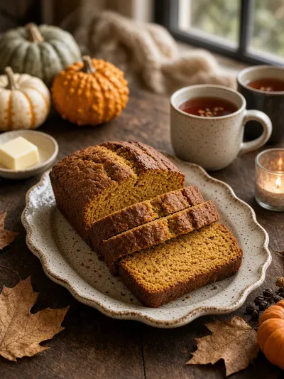 Pumpkin bread slices arranged on a ceramic platter for a cozy autumn family gathering