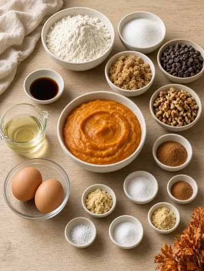 Ingredients for pumpkin bread arranged in bowls on a warmly lit wooden kitchen table