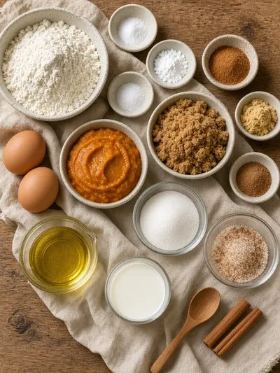 Pumpkin muffins ingredients arranged in bowls on a kitchen table