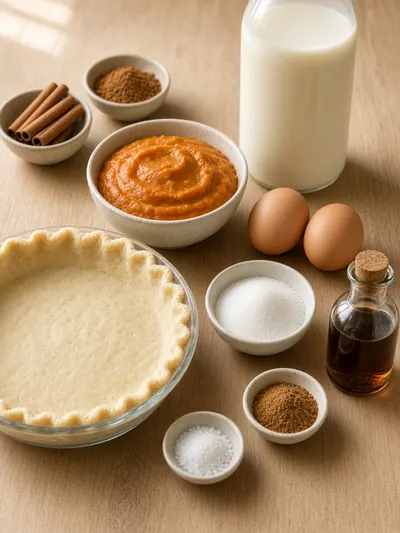 Ingredients arranged for a pumpkin pie recipe on a wooden kitchen table