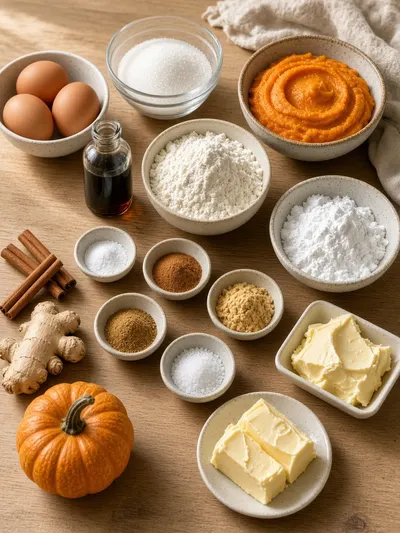 Pumpkin roll ingredients arranged in bowls on a sunlit kitchen table