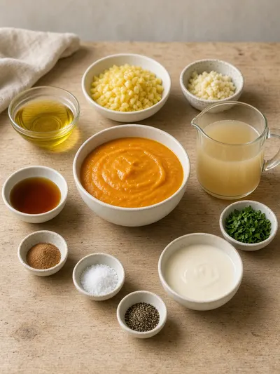 Ingredients arranged on a kitchen table for pumpkin soup, including puree, vegetables, broth, cream, spices, maple syrup, and parsley