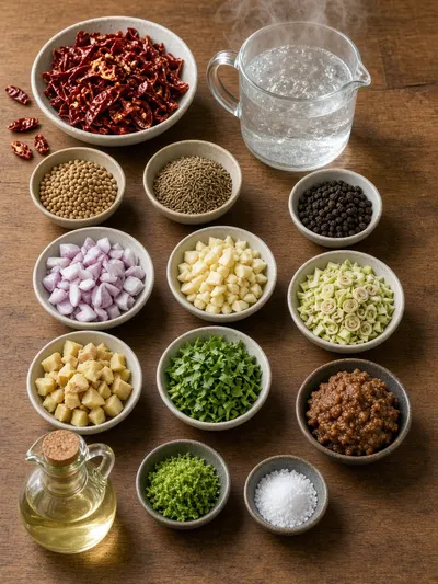Ingredients arranged for red curry paste preparation on a sunlit wooden kitchen table