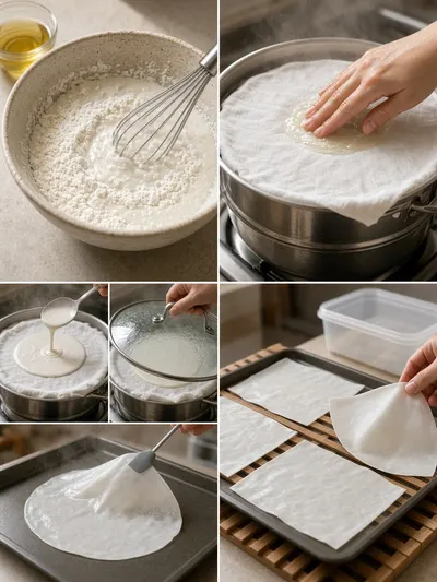 Four-panel process showing rice paper batter mixed, steamed on cloth, lifted with a spatula, and arranged for air-drying.