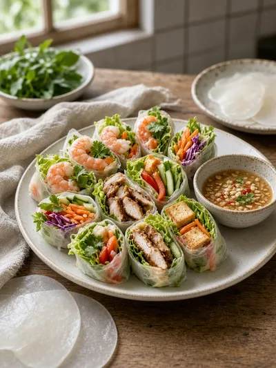 Rice paper rolls with vegetables, herbs, protein options, and dipping sauce arranged on a family-style platter