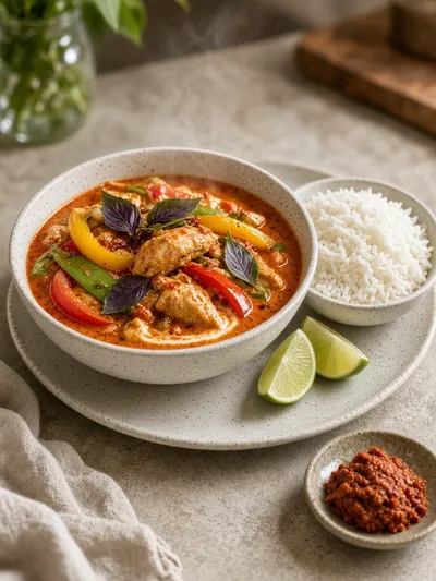 Creamy chicken and vegetable curry made with red curry paste beside jasmine rice