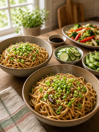 Lo mein noodles served in warm bowls with green onions, cucumber salad, edamame, vegetables, and soy sauce
