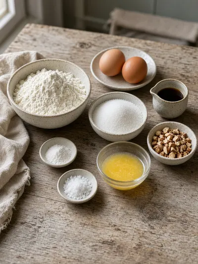 Biscotti ingredients arranged in bowls on a rustic kitchen table