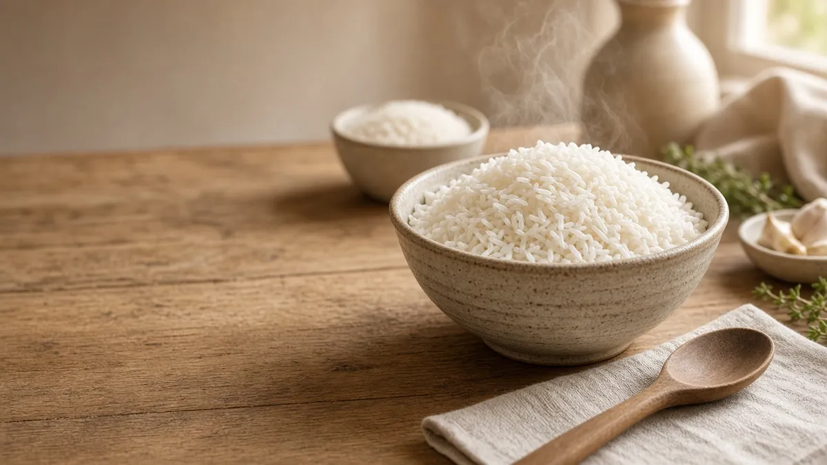 A bowl of fluffy white rice recipe served on a cozy farmhouse table
