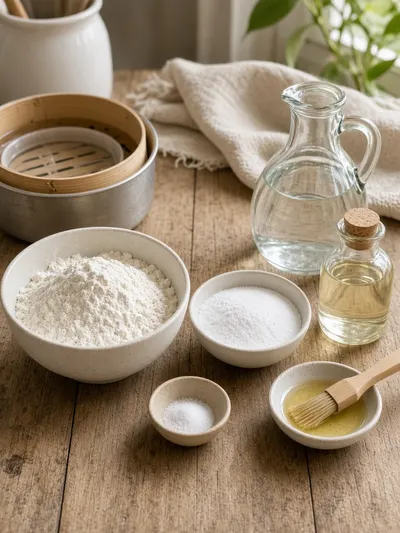 Ingredients arranged on a kitchen table for making rice paper