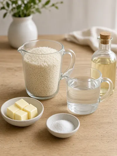 Measured rice, water, butter, cooking oil, and salt arranged on a kitchen table for a white rice recipe