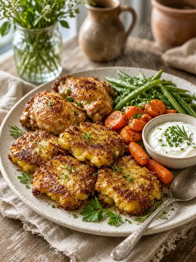 Smashed potatoes served with roasted chicken, vegetables, herbs, and cool yogurt on a welcoming dining table