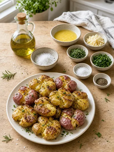 Ingredients for smashed potatoes arranged on a kitchen table with potatoes, olive oil, butter, garlic, herbs, salt, and pepper