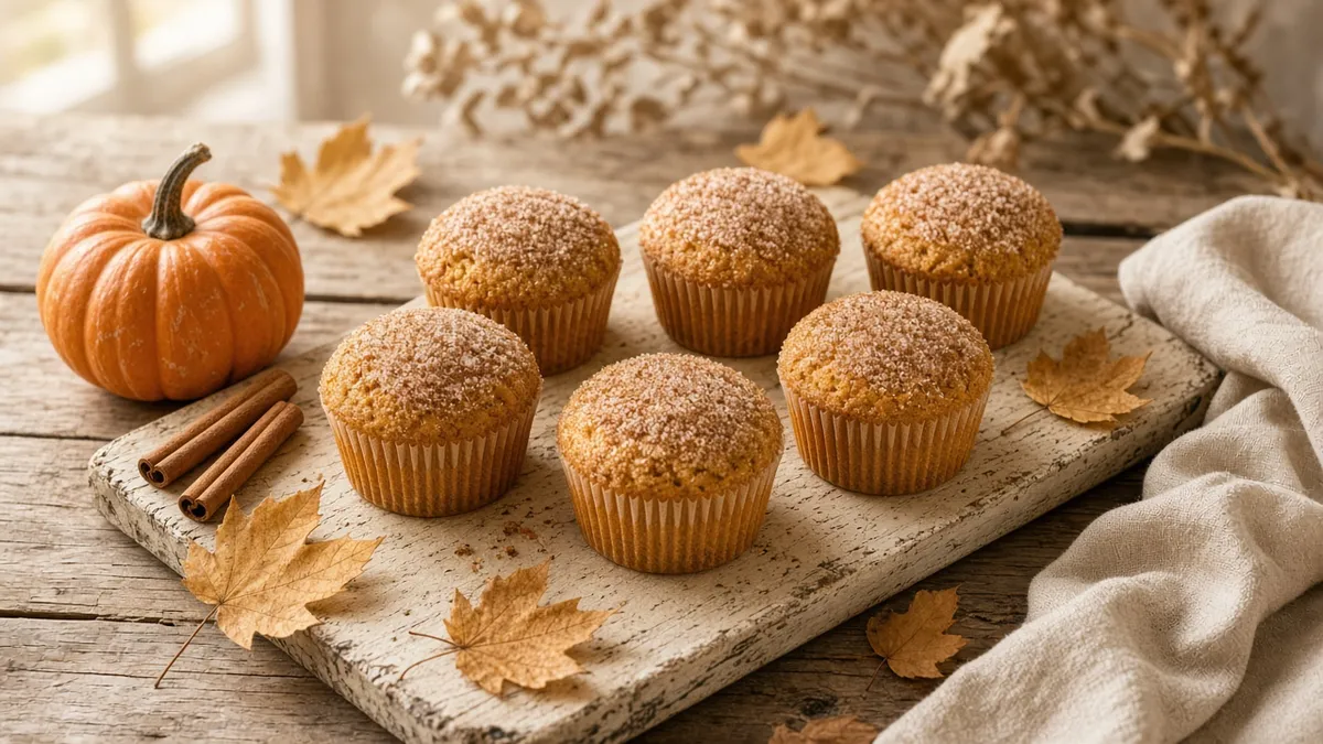 Pumpkin muffins with sparkling cinnamon sugar tops arranged on a cozy autumn breakfast table