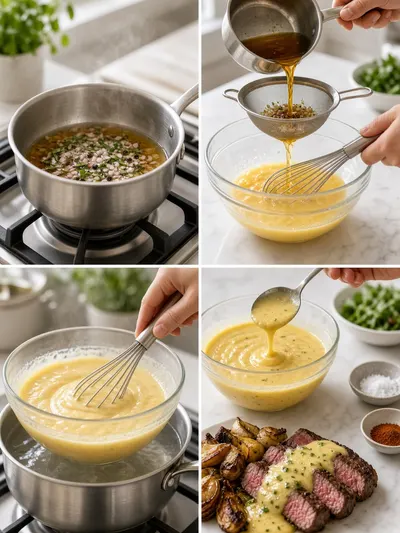 Four-panel portrait collage showing bearnaise sauce reduction, whisked egg yolks, bain-marie thickening, and butter being blended into the finished sauce.
