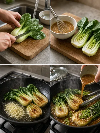 Four-panel vertical collage illustrating a bok choy recipe from washing and slicing to skillet cooking with broth, sesame seeds, and green onions.