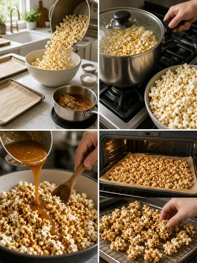 Four-panel recipe collage showing caramel popcorn preparation, coating, baking, and cooling on parchment-lined trays.