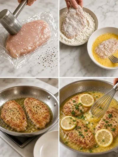 Four-panel photo guide showing chicken francese preparation from pounding and coating cutlets to skillet cooking and lemon butter finishing.