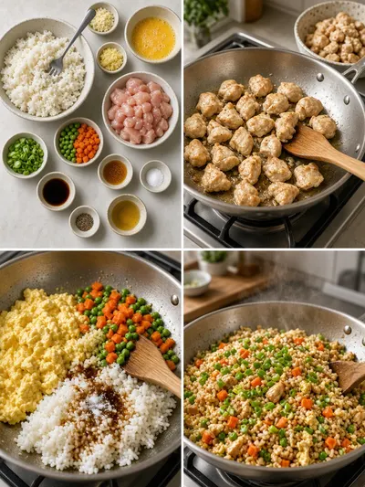Four-panel chicken fried rice recipe preparation scene showing rice, whisked eggs, sautéed chicken, vegetables, seasonings, and scallion garnish