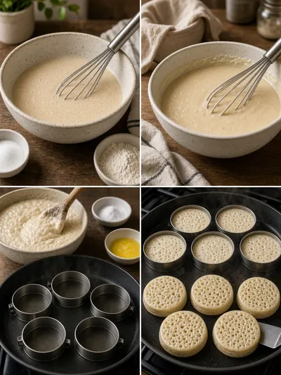 Four-panel portrait showing crumpet batter mixed, rested, poured into rings, and cooked in a skillet.