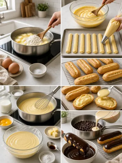 Four-panel preparation guide showing choux dough, piped pastry shells, vanilla custard, and chocolate-glazed eclairs