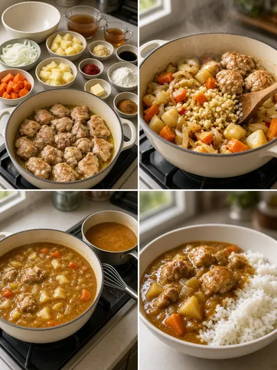 Four-panel cooking collage showing japanese curry prepared with browned chicken, vegetables, curry roux, and rice