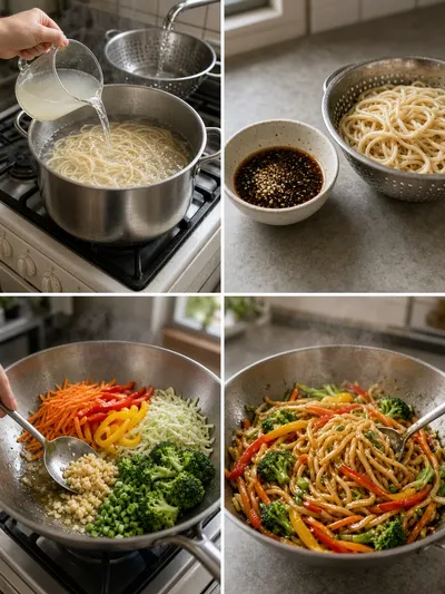 Four-panel cooking collage showing the complete process for making lo mein noodles with vegetables, sauce, and skillet tossing.