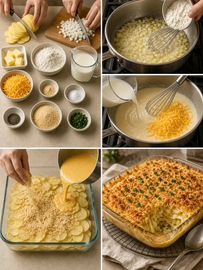 Four-panel potato recipes preparation collage showing sliced potatoes, creamy cheddar sauce, layered casserole assembly, and a golden baked finish.