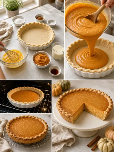 Four-panel pumpkin pie recipe collage showing mixing, filling, baking, and cooling stages