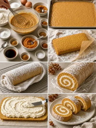 pumpkin roll preparation shown in a four-panel collage from batter mixing through sliced serving