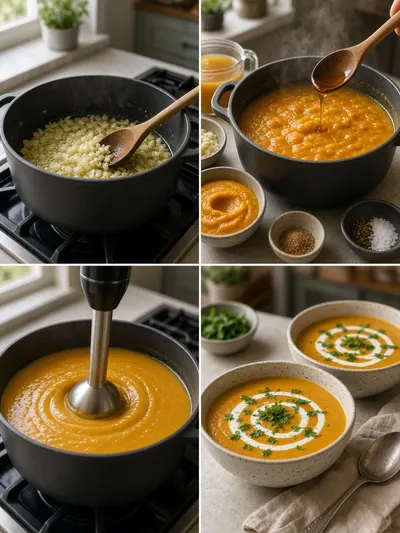 Four-panel preparation scene showing pumpkin soup cooked, blended, and finished with parsley.