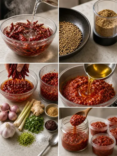 Four-panel process showing red curry paste ingredients soaking, toasting, blending, and filling a storage jar