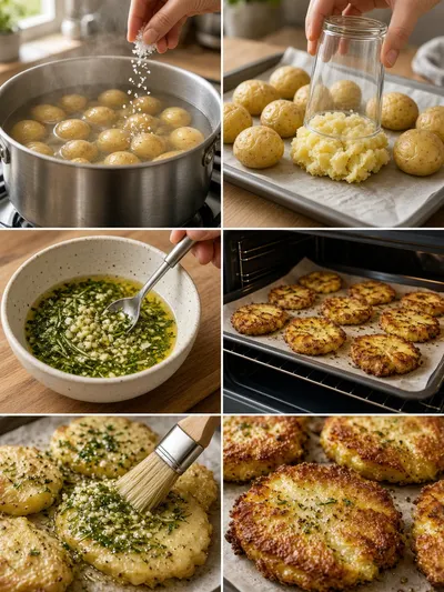 Four-panel preparation guide for smashed potatoes showing boiling, flattening, seasoning, and oven baking.