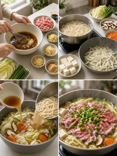 Four-panel sukiyaki preparation collage with broth mixing, vegetables simmering, noodles added, and beef finishing with green onions