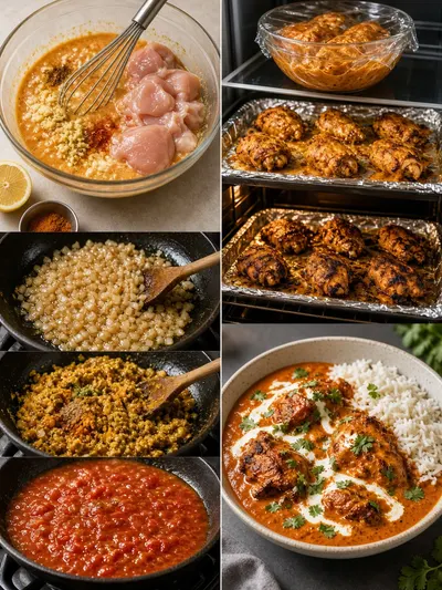 Four-panel preparation collage showing tikka masala marinade, roasted chicken, spiced tomato gravy, and plated rice.