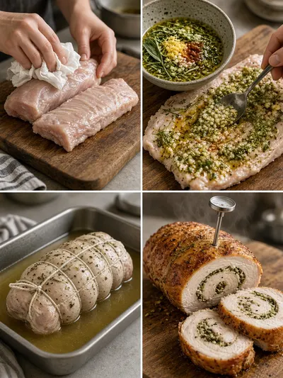 Four-step porchetta preparation collage showing butterflying, herb seasoning, tying, roasting, resting, and slicing a turkey roast.
