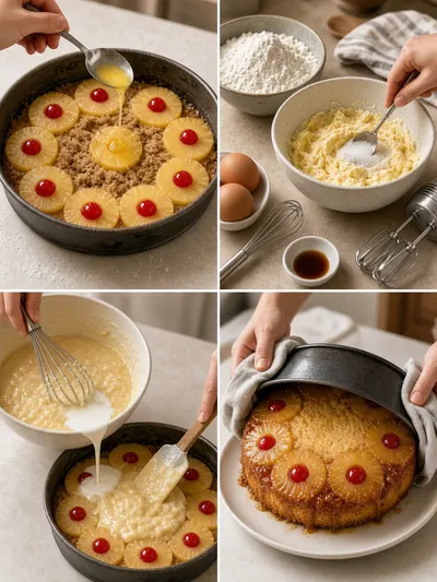 Four-panel preparation collage showing upside down pineapple cake from buttered pan and fruit arrangement through batter mixing, baking, and warm cake release.