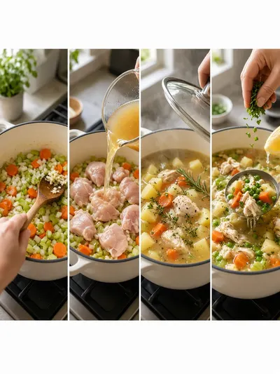 Four-panel cooking collage showing the preparation of winston soup with chicken, vegetables, potatoes, peas, herbs, and lemon
